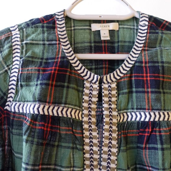 J. Crew 07599 Green Holiday Tartan Plaid Embroidered Popover V Neck Blouse 0 - Picture 12 of 14